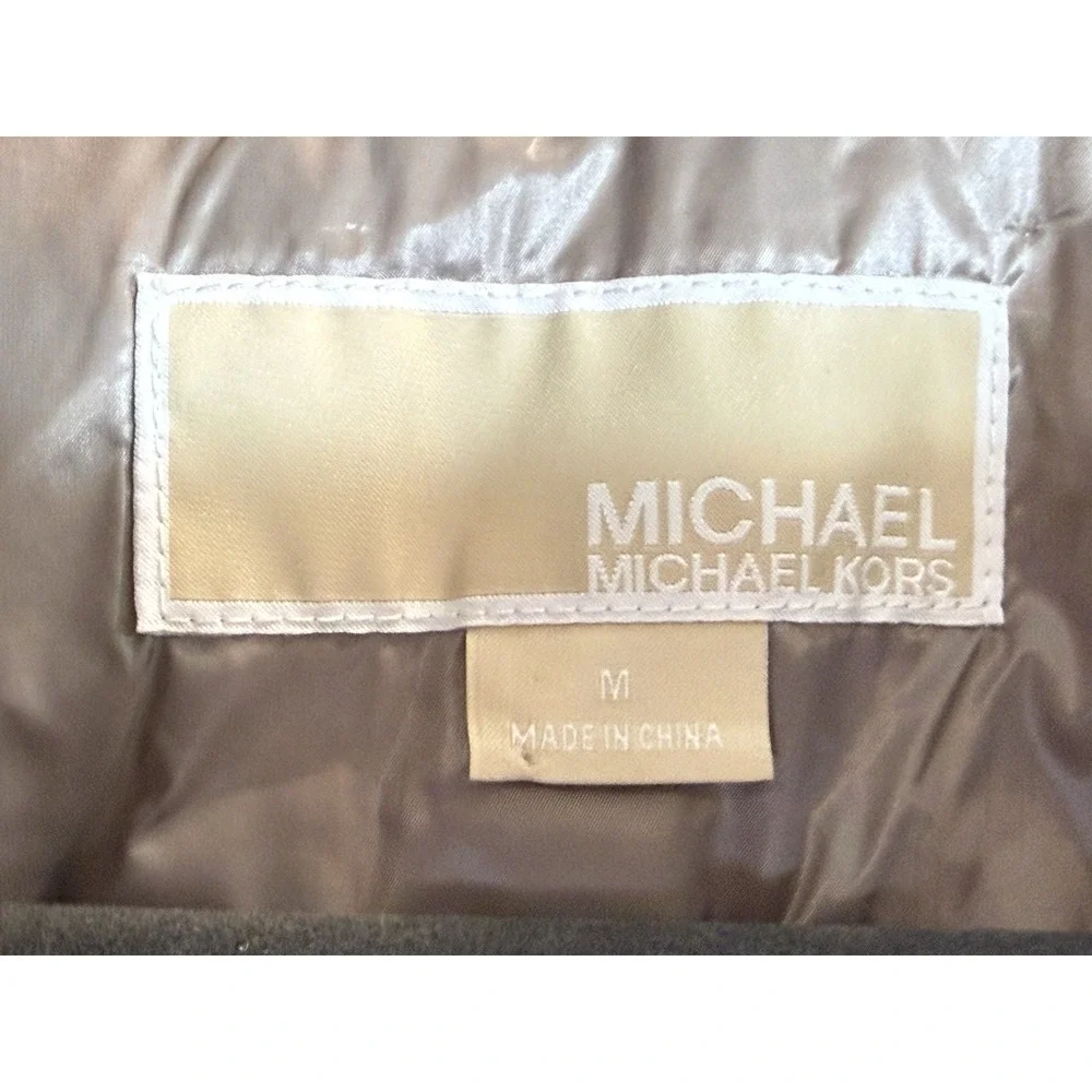 Michael Kors Taupe Chevron Down Puffer Jacket Faux Fur Collar Gold Zip Women M